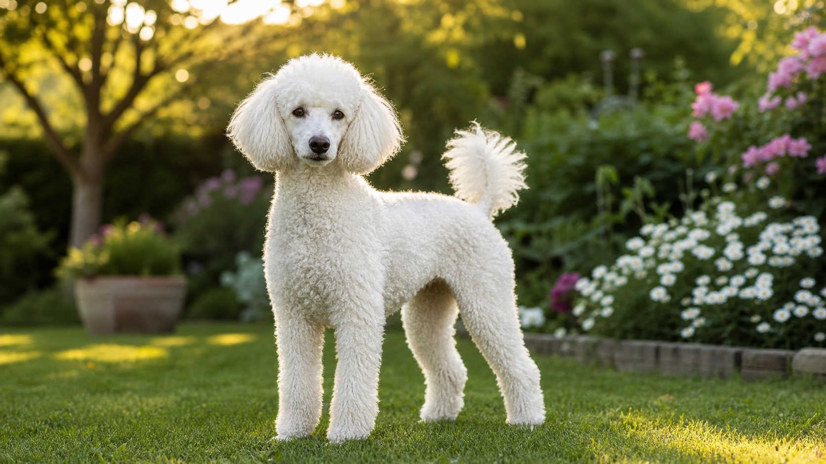 Caniche blanc adulte au pelage bouclé dans un jardin