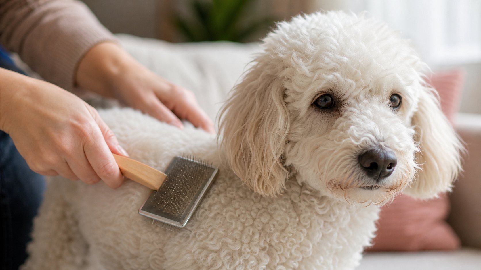 Brossage du pelage bouclé d’un caniche blanc adulte