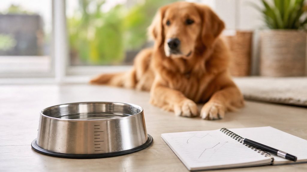 Gamelle d’eau et carnet de suivi pour surveiller l’hydratation d’un chien