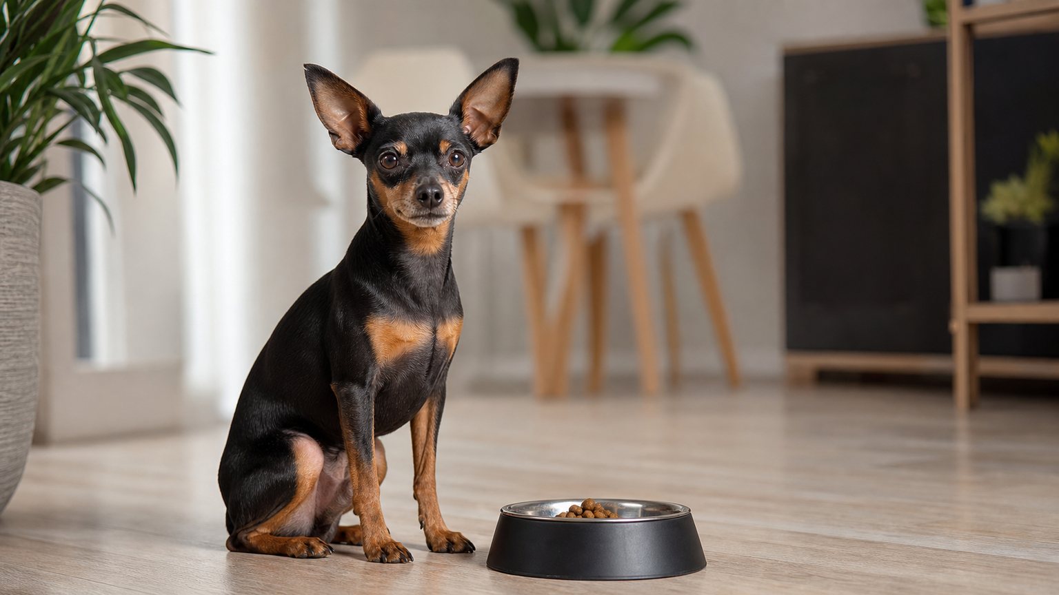 Pinscher nain assis près d’une gamelle de croquettes