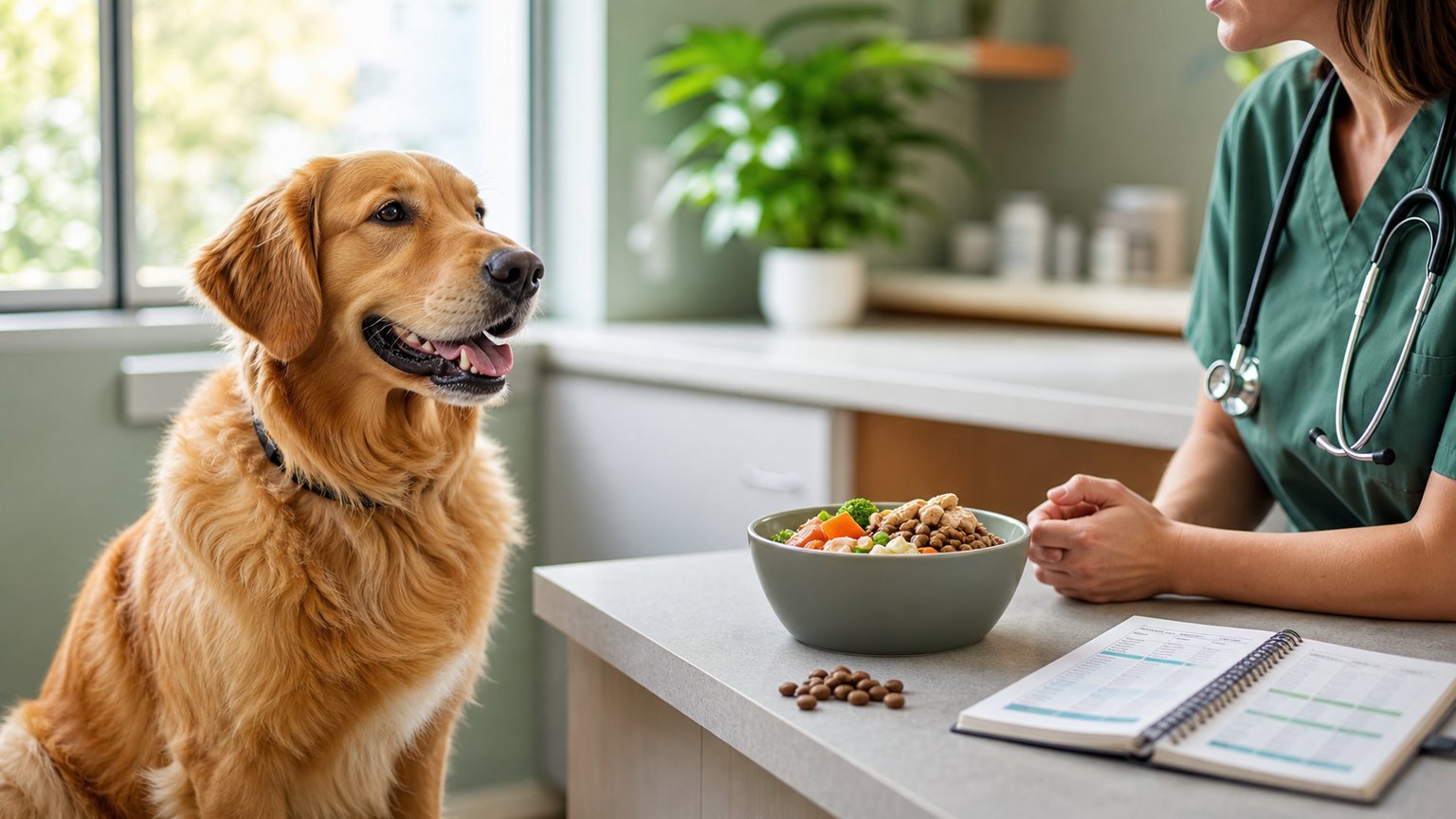 Chien diabétique suivi chez le vétérinaire avec alimentation adaptée