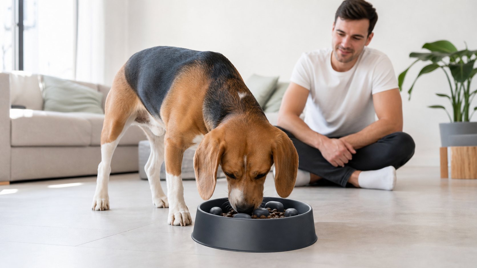 Chien mangeant lentement dans une gamelle anti-glouton
