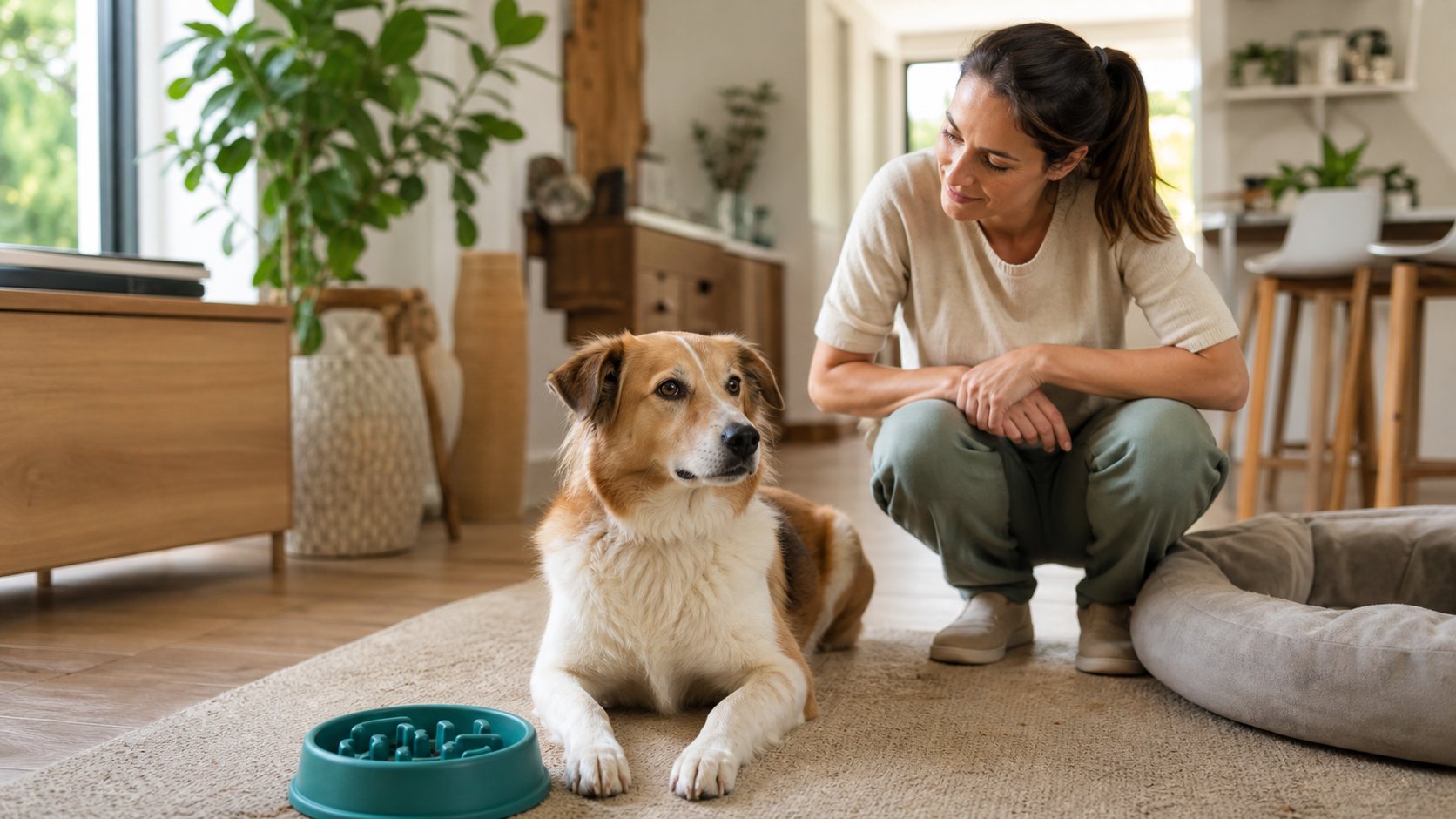 Chien calme près d’une gamelle anti-glouton après le repas