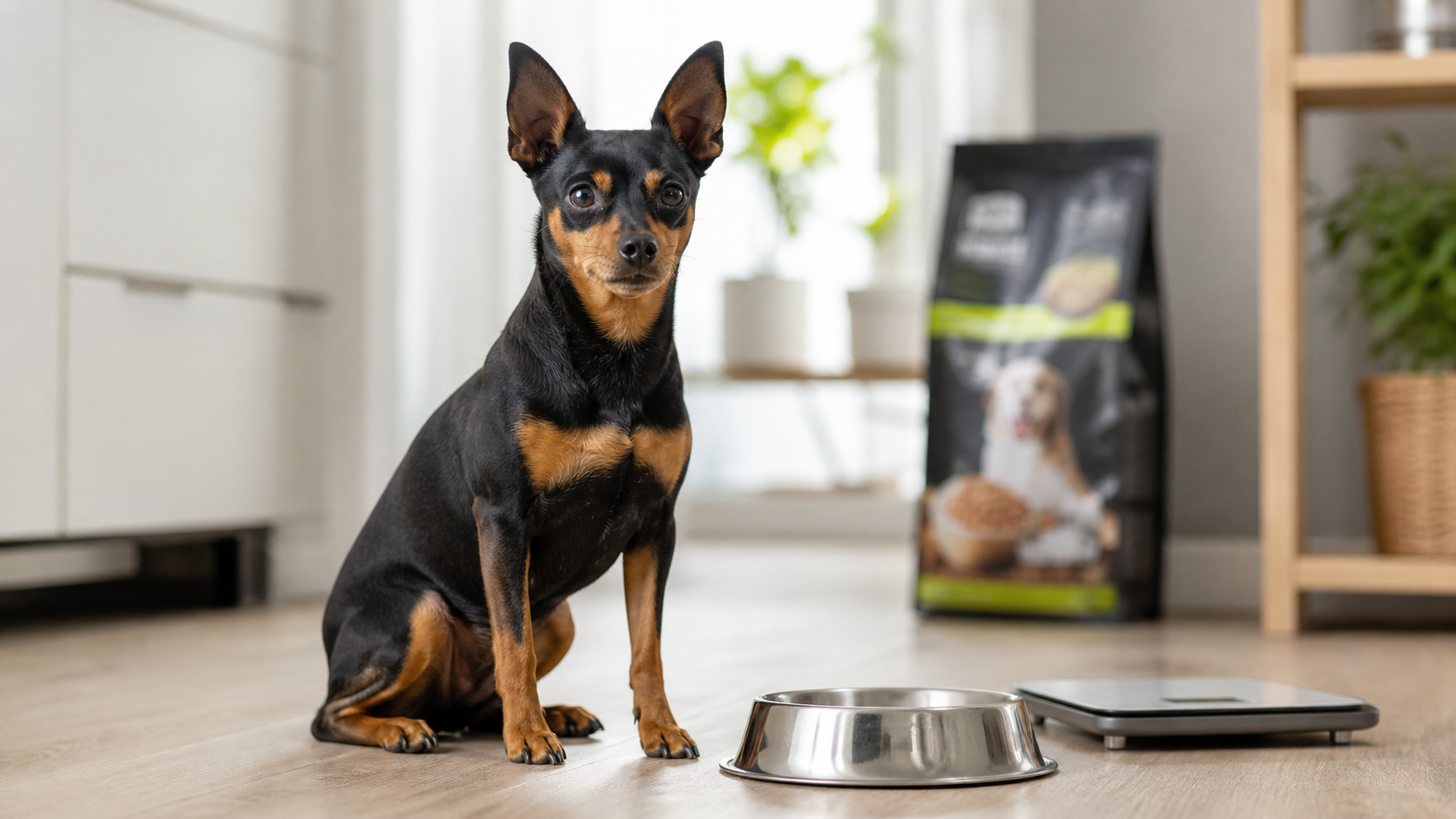 Pinscher nain près d’une gamelle et d’une balance pour contrôler sa ration