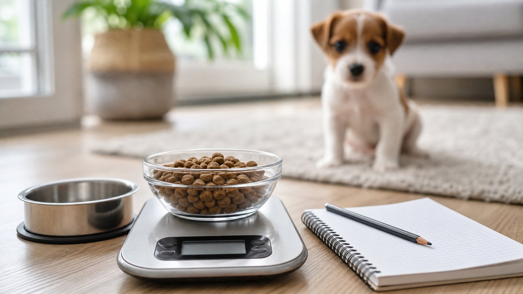 Portion de croquettes pour chiot pesée sur une balance
