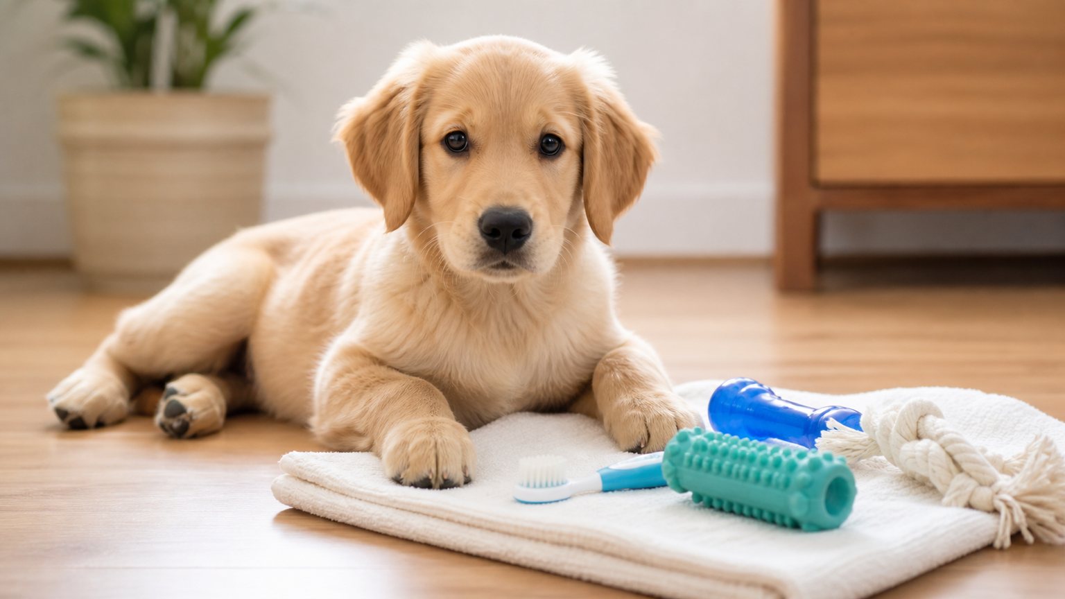 Chiot avec jouets de mastication et brosse à dents canine