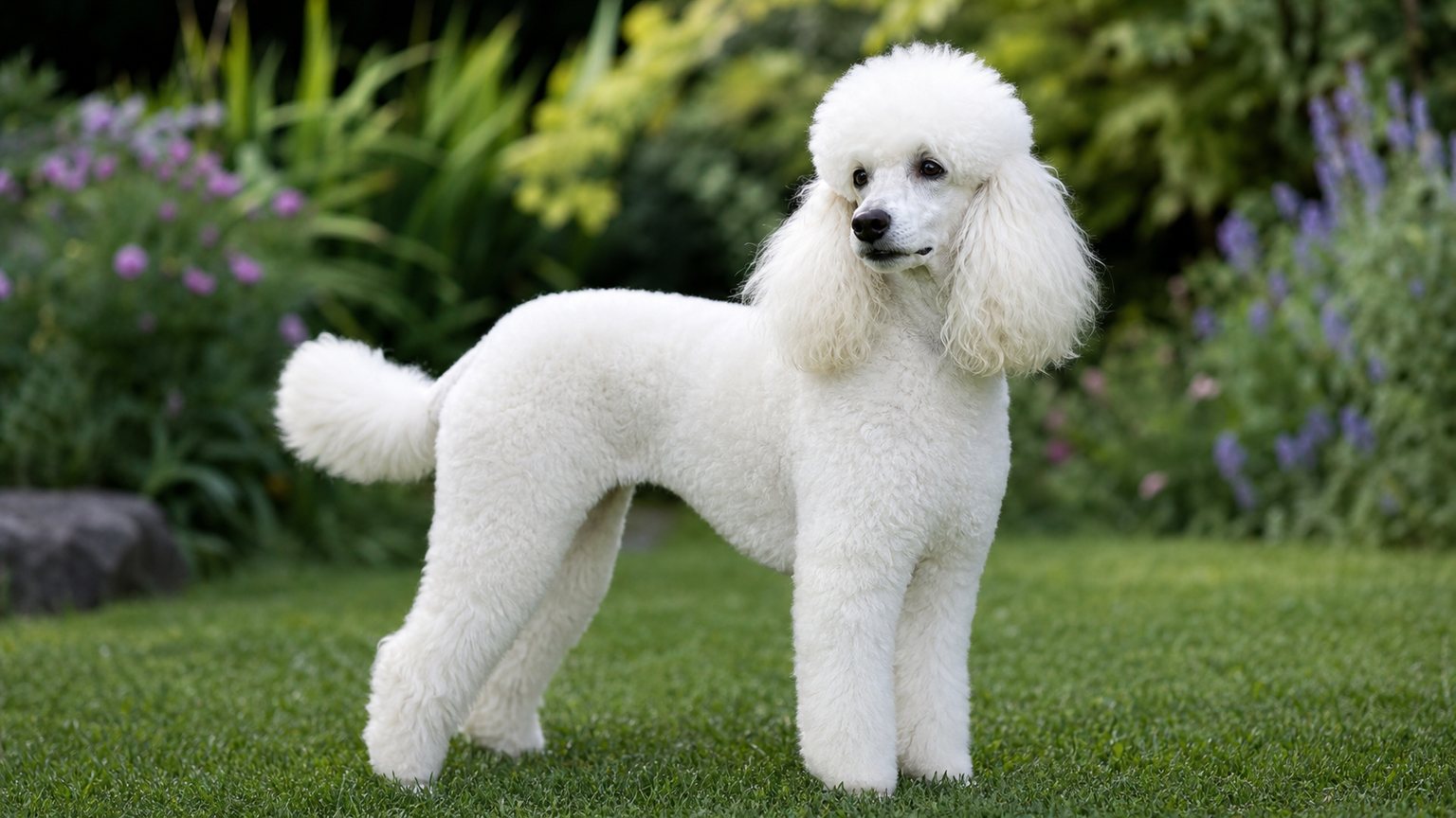 Caniche blanc adulte au pelage bouclé dans un jardin
