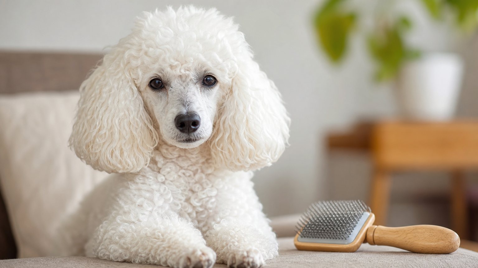 Caniche blanc avec brosse pour l’entretien du pelage