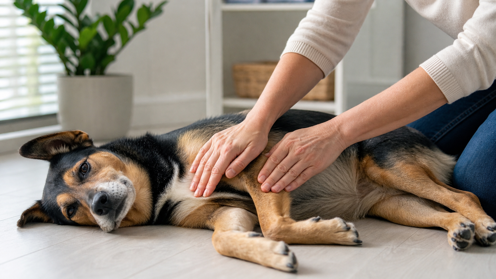 Démonstration rassurante du placement des mains pour un massage cardiaque chez le chien