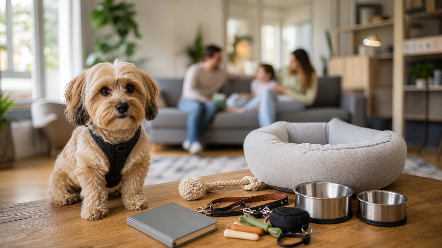 Harnais, laisse, panier, gamelles et carnet vétérinaire préparés pour adopter un petit chien
