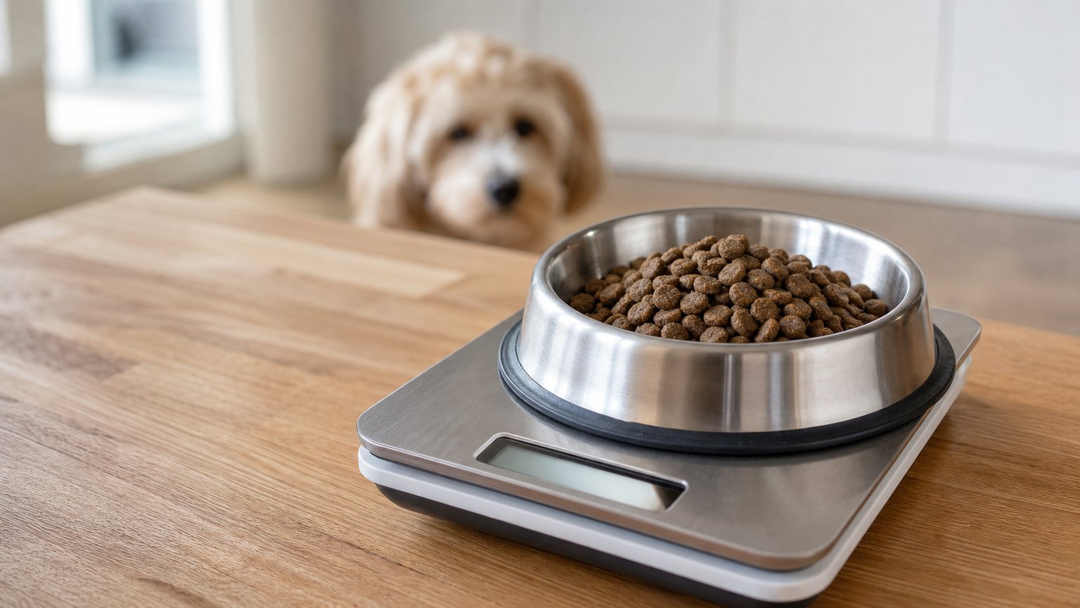 Balance de cuisine avec croquettes pour mesurer la ration d’un petit chien