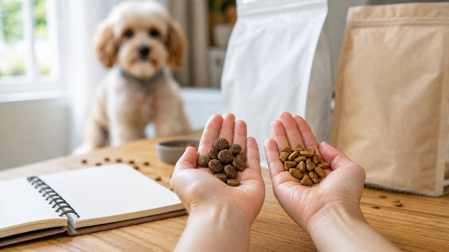 Main comparant deux types de croquettes pour petit chien