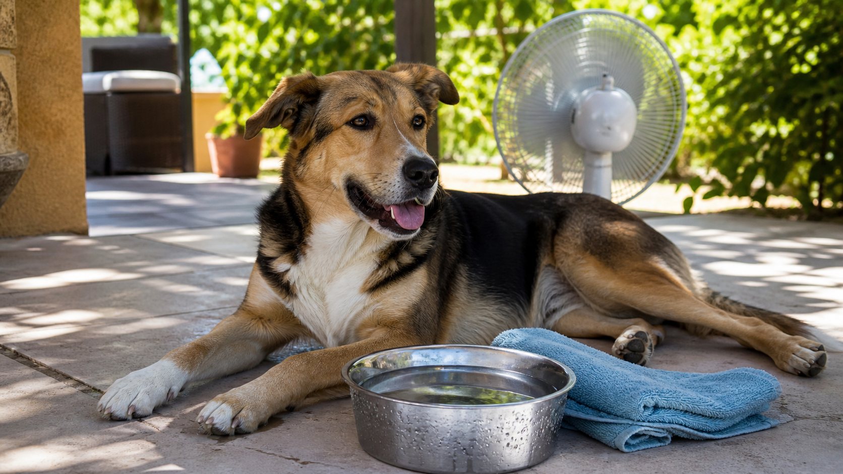 Chien allongé à l’ombre avec une gamelle d’eau fraîche en été