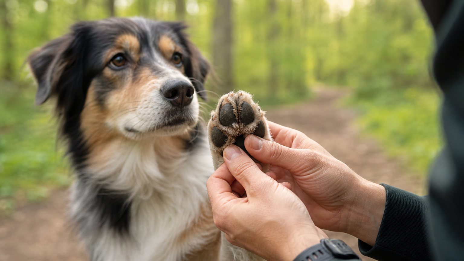 Maître inspectant les coussinets de son chien après une promenade