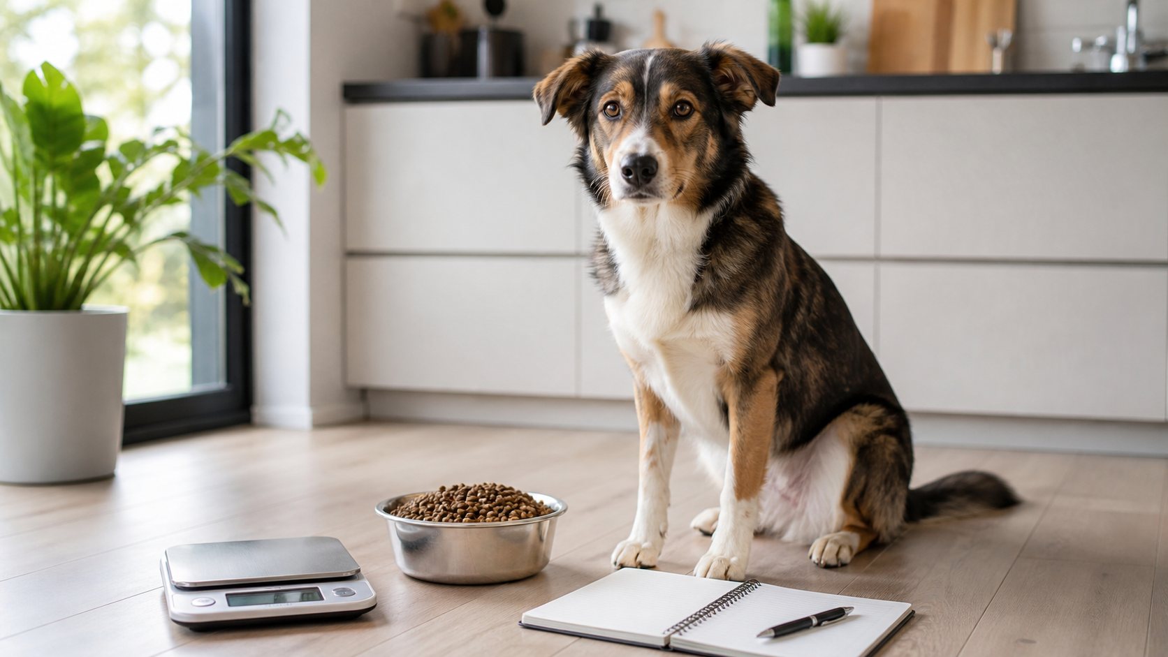 Chien diabétique avec gamelle de croquettes pesées et carnet de suivi