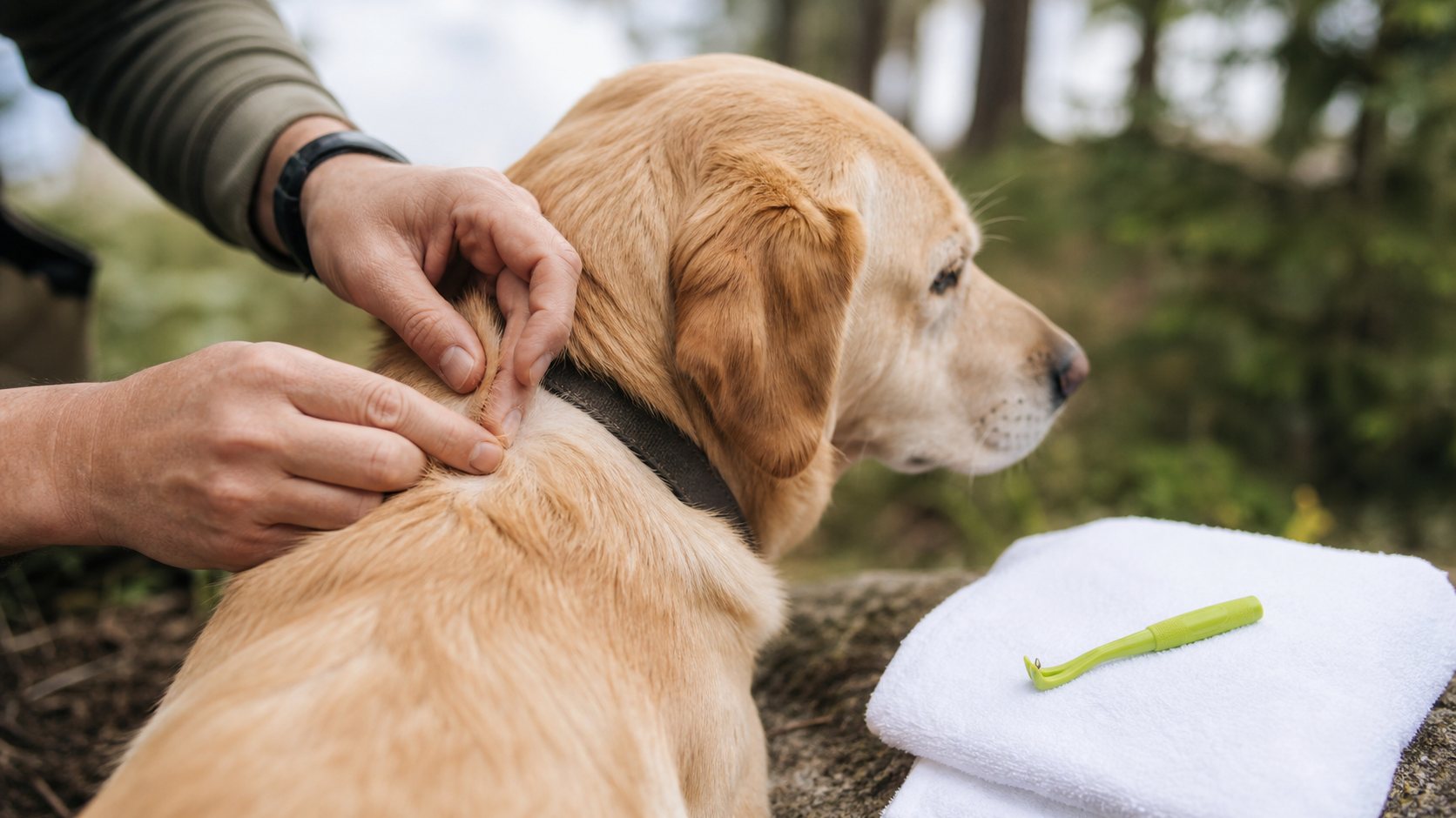 Inspection du pelage d’un chien après une promenade pour repérer les tiques