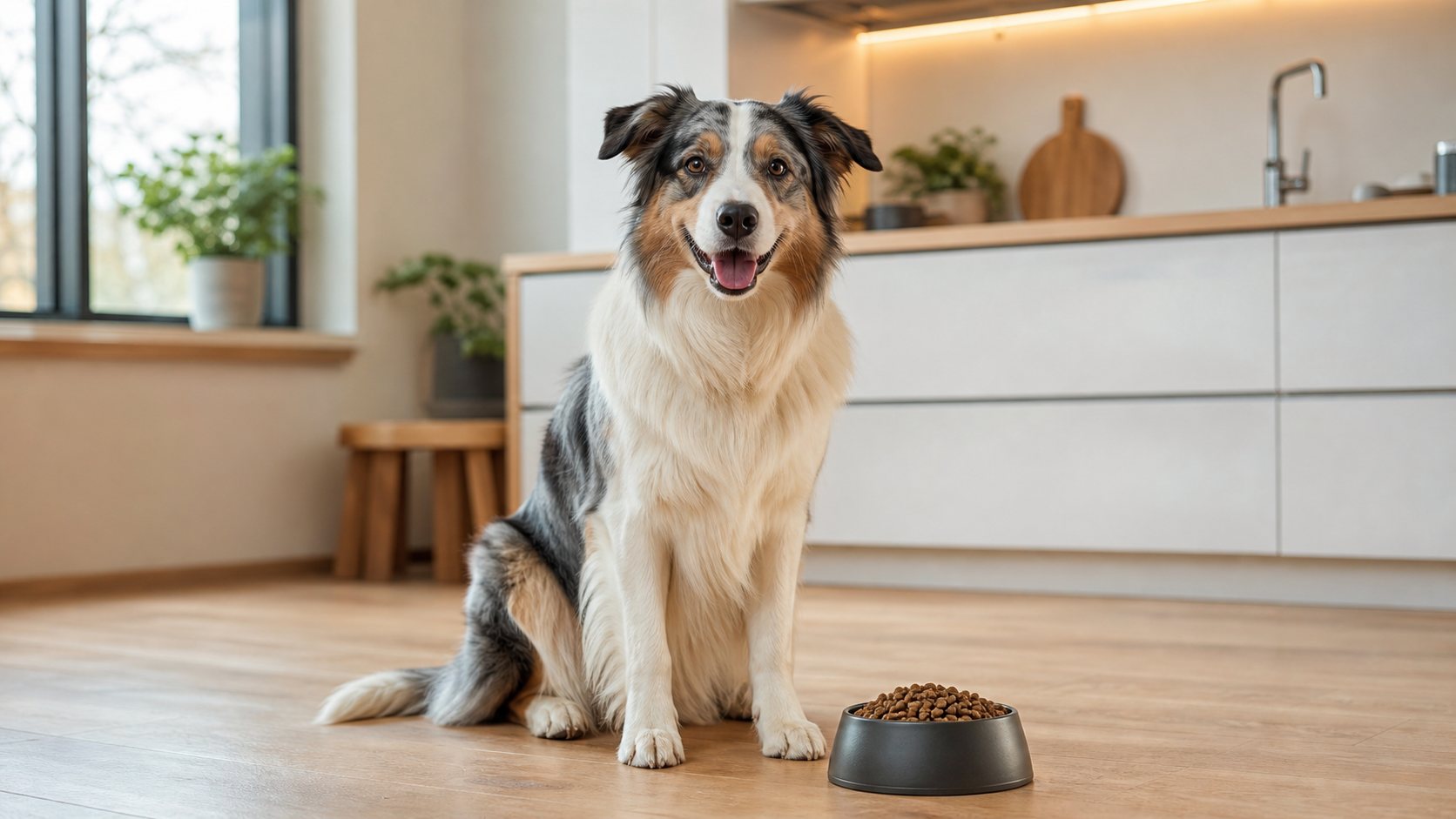 Chien à côté d’un bol de croquettes premium