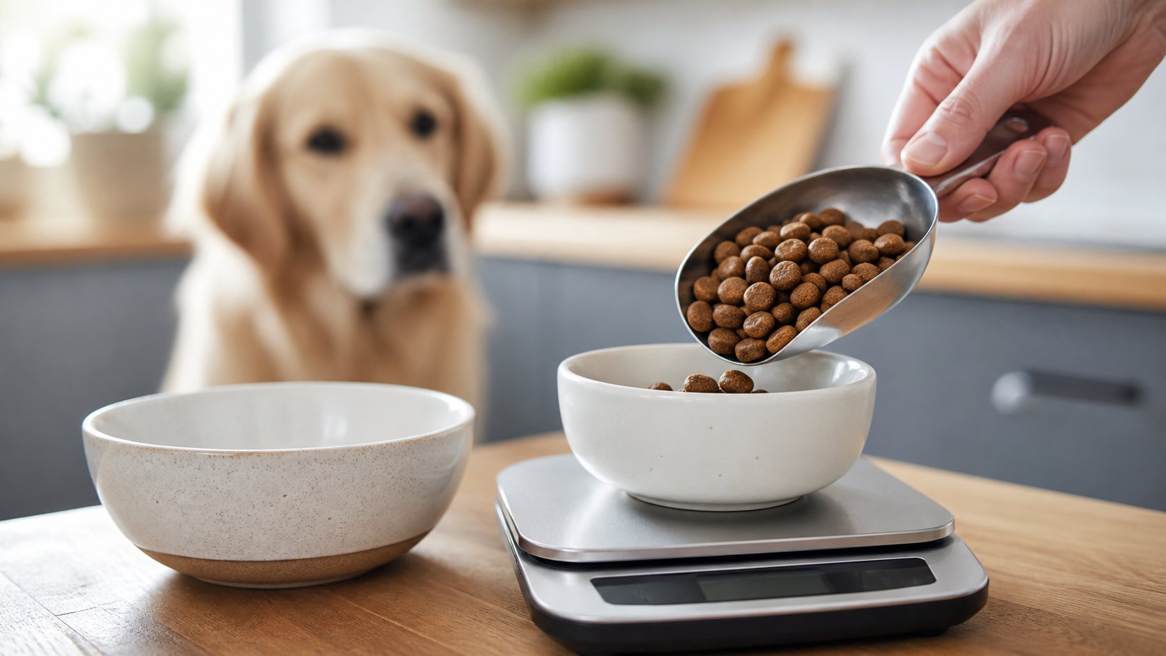 Ration de croquettes pour chien mesurée avec une balance