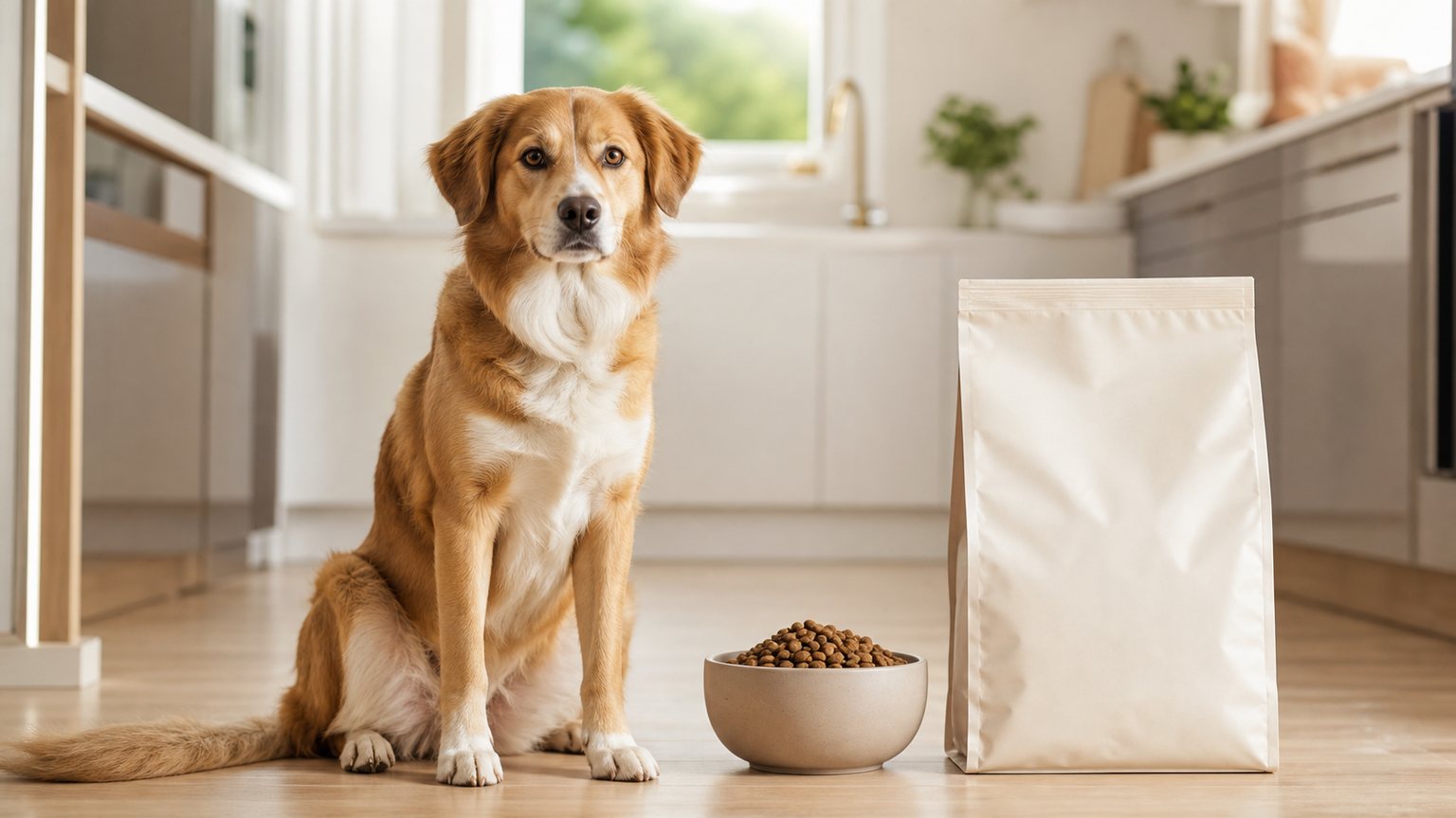 Chien assis près d’une gamelle de croquettes pour illustrer les croquettes Ownat