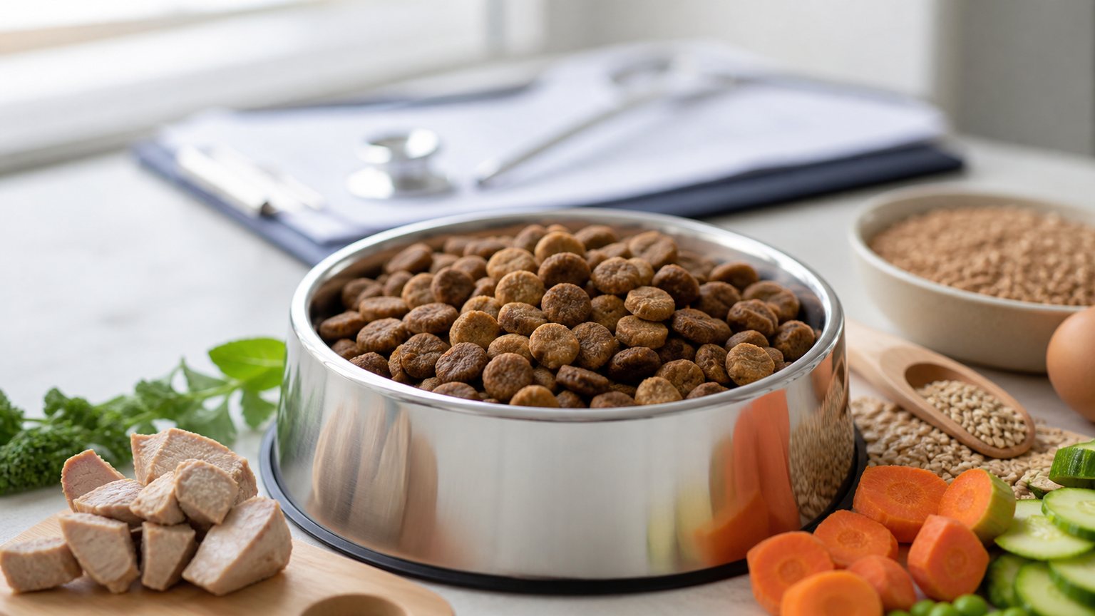 Gamelle de croquettes pour chien avec ingrédients naturels autour