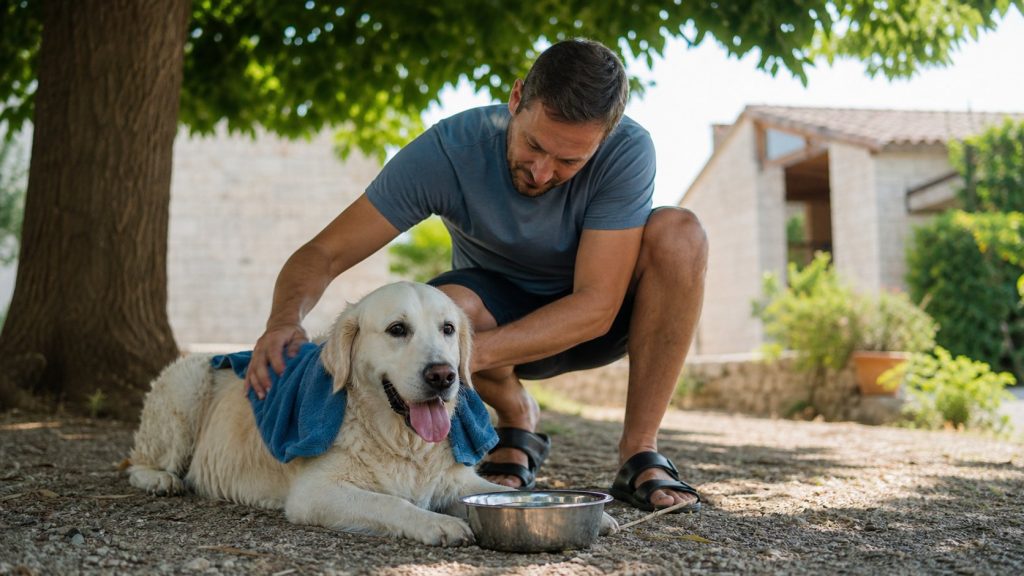 Propriétaire aidant un chien à se rafraîchir à l’ombre pendant une journée chaude