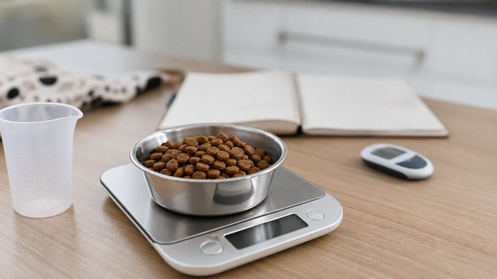 Ration de croquettes pour chien pesée sur une balance de cuisine