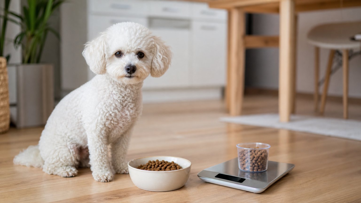 Petit chien près d’une gamelle et d’une balance pour calculer sa ration alimentaire