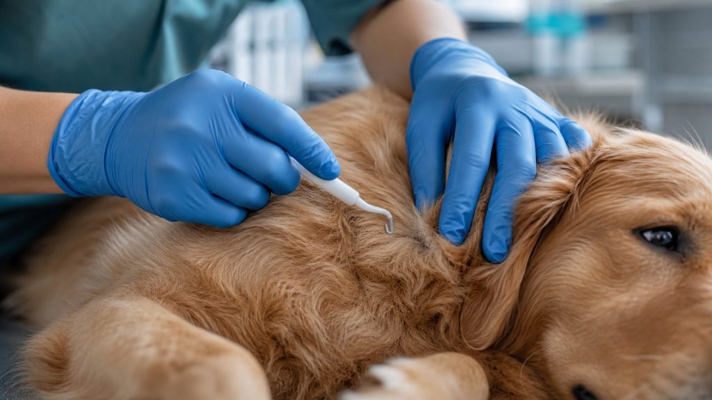 Vétérinaire utilisant un tire-tique sur le pelage d’un chien