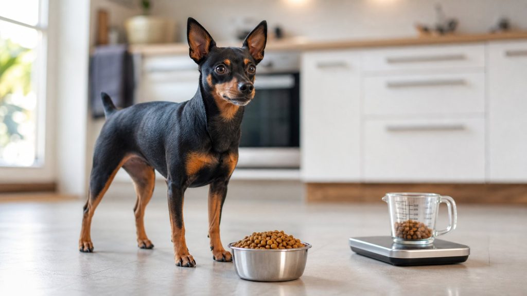 Pinscher nain près d’une gamelle de croquettes et d’un doseur de portions