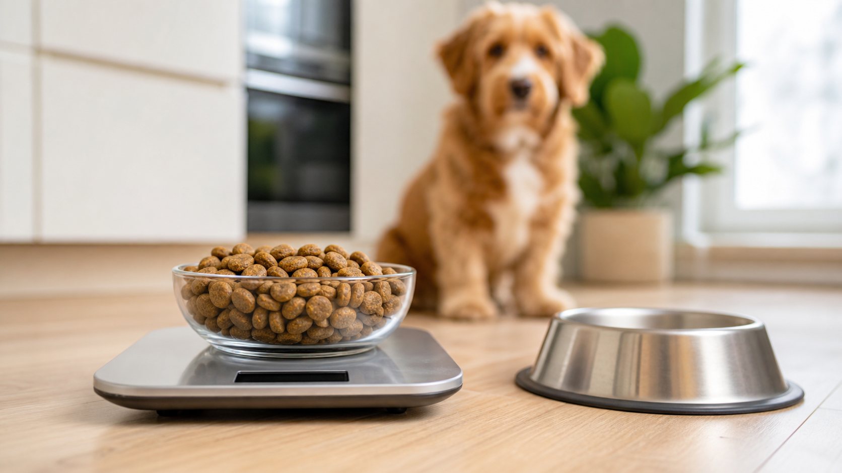 Ration de croquettes pour chien stérilisé pesée sur une balance