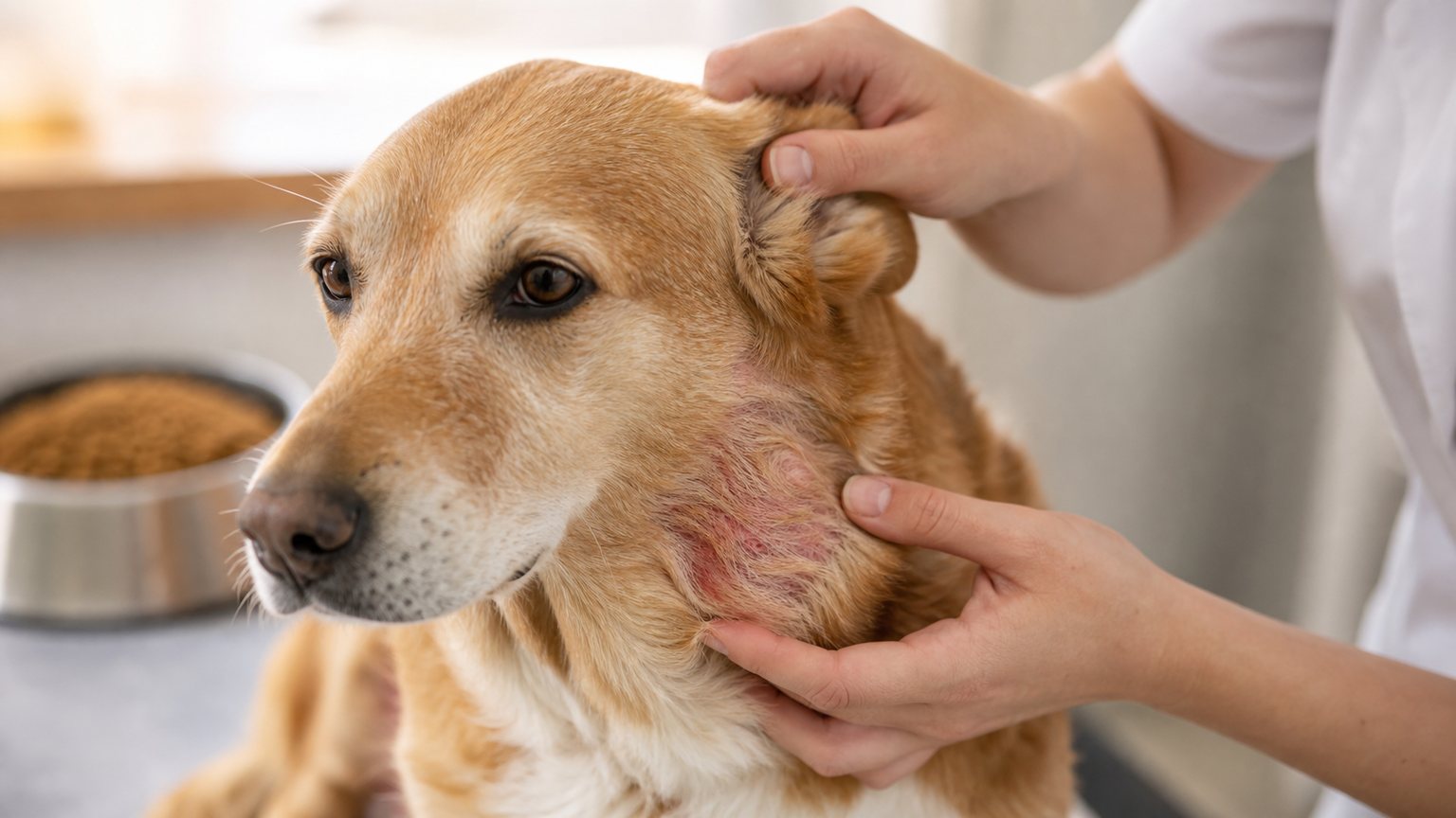 Vétérinaire examinant les rougeurs cutanées d’un chien allergique