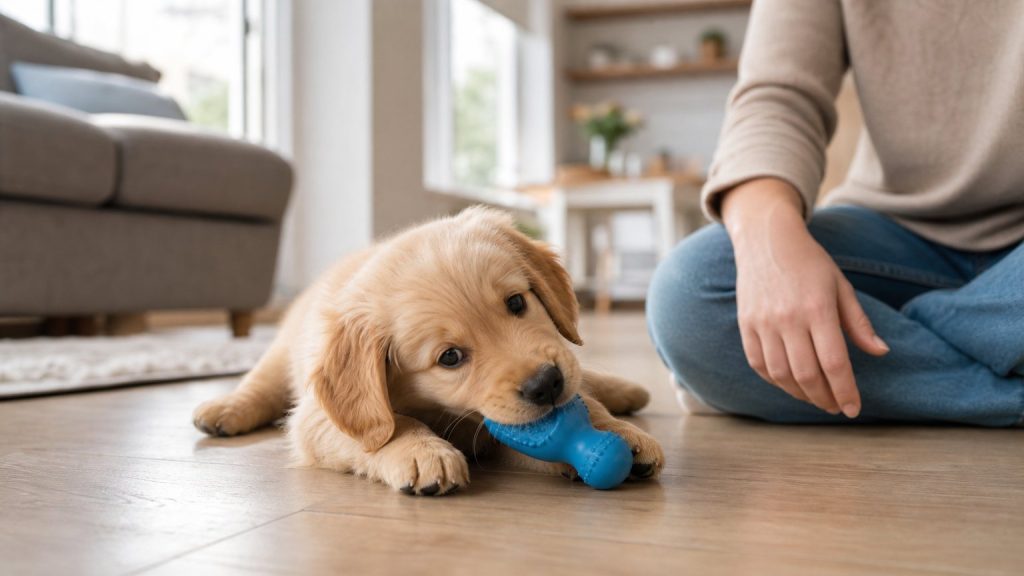 Cachorro mordiendo un juguete seguro durante la dentición