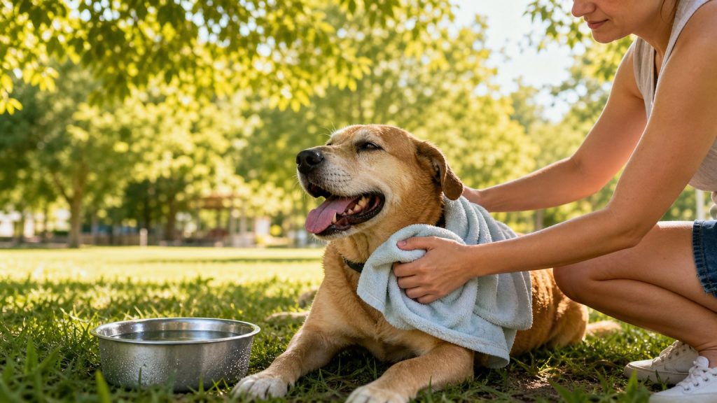 Perro descansando a la sombra con agua en un día caluroso
