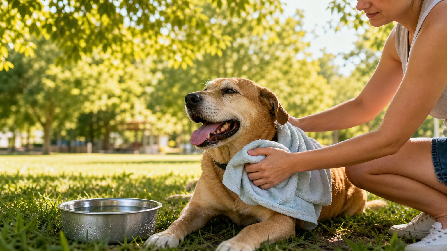 Perro descansando a la sombra con agua en un día caluroso