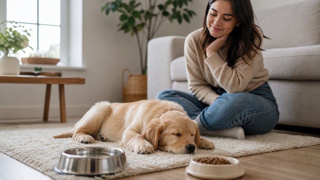 Junger Hund ruht nach dem Fressen im Wohnzimmer