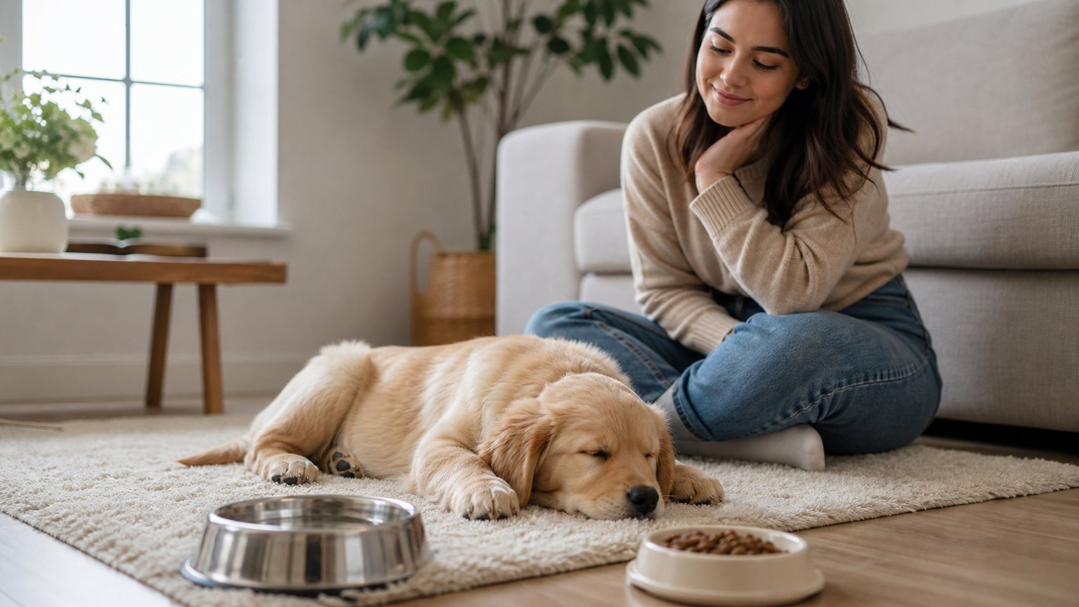 Junger Hund ruht nach dem Fressen im Wohnzimmer