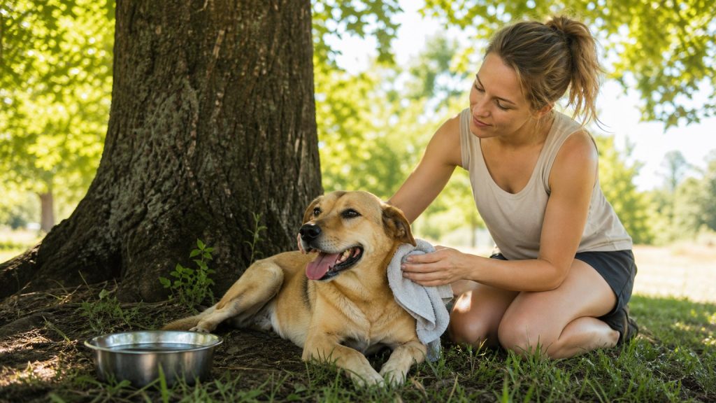 Hund ruht im Schatten mit Wasser an einem heißen Tag
