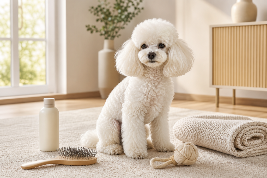 Caniche blanc toiletté avec brosse, shampoing doux et accessoires de confort