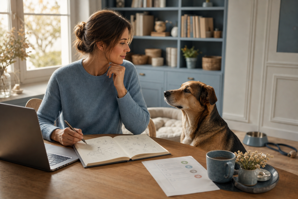 Propriétaire prenant des notes pour mieux comprendre le comportement de son chien