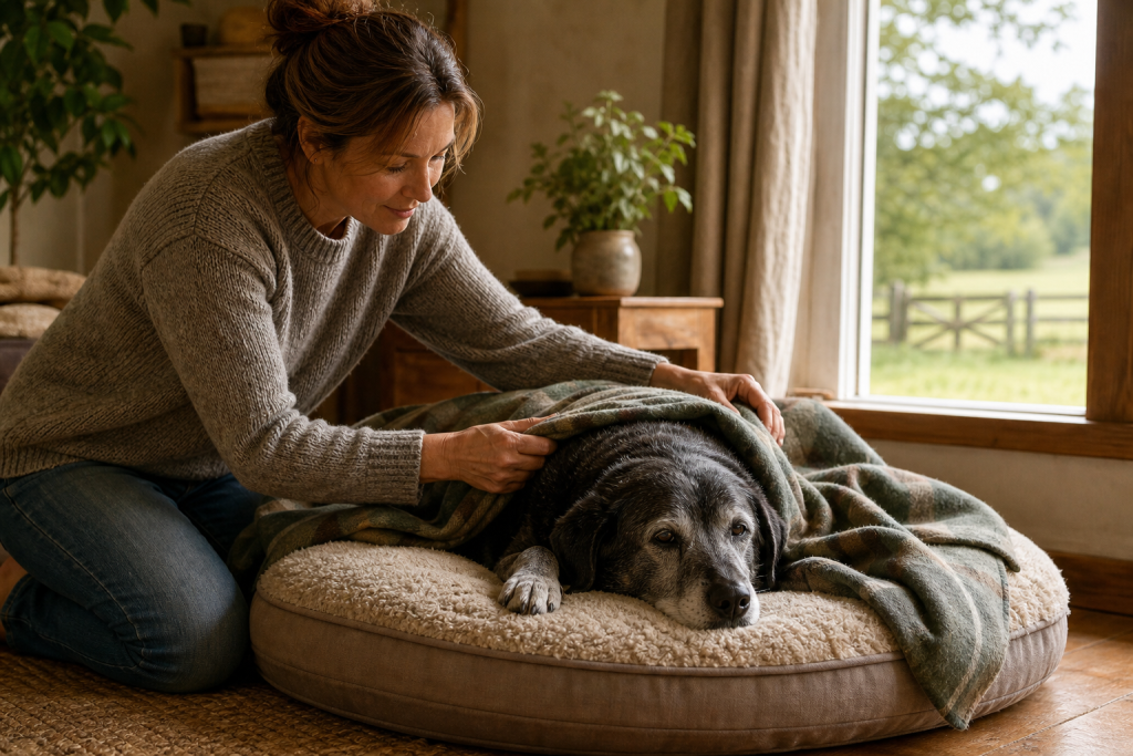 Chien âgé installé confortablement pendant qu’une personne ajuste une couverture