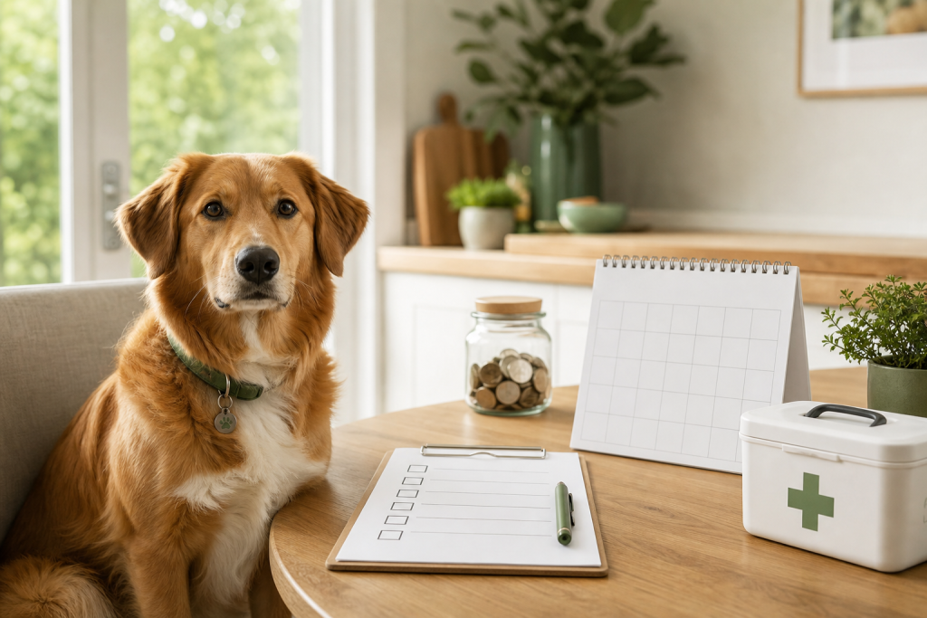 Chien avec calendrier, checklist de prévention et trousse de premiers soins