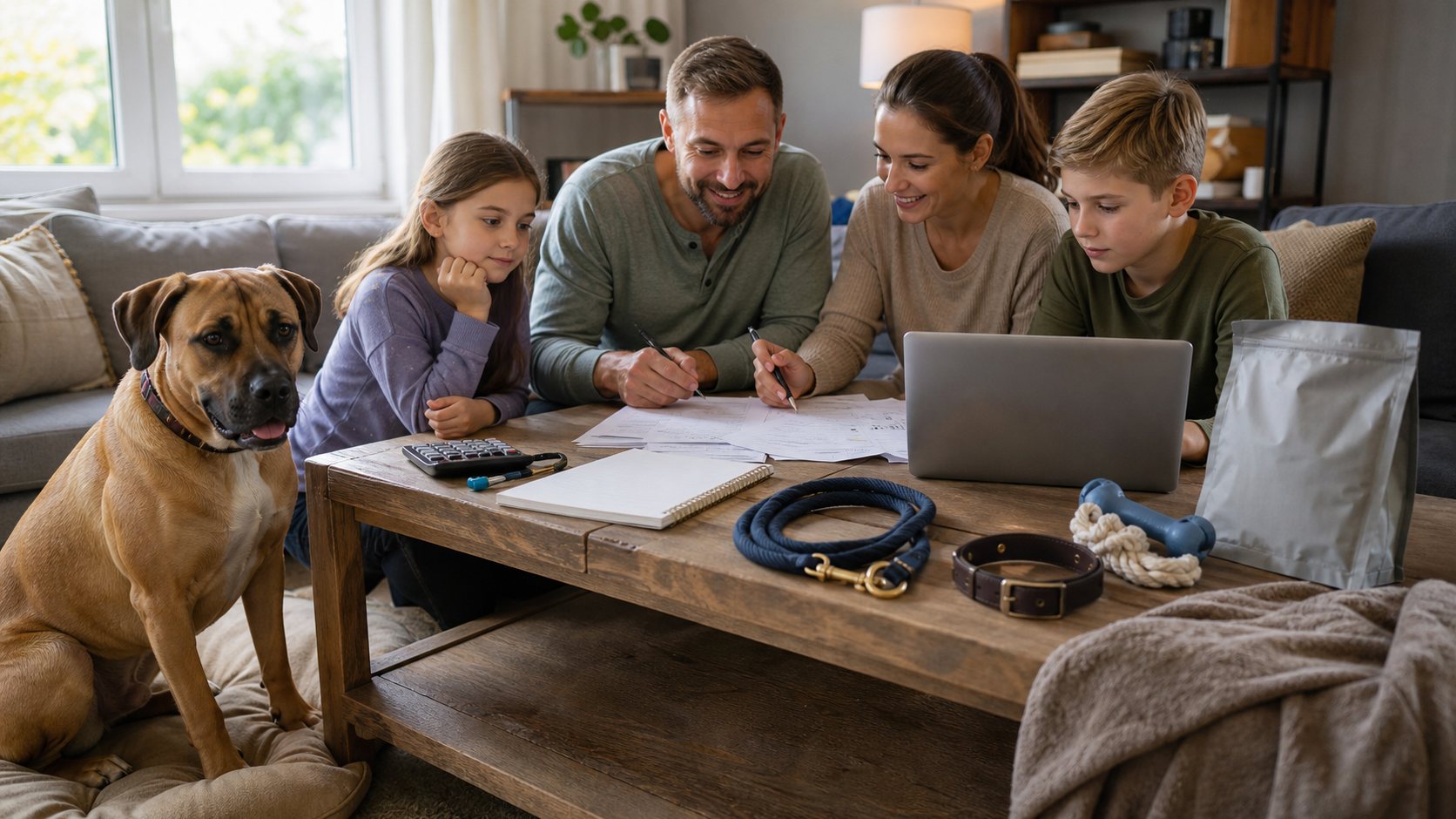 Chien Boxador avec une famille préparant un budget annuel