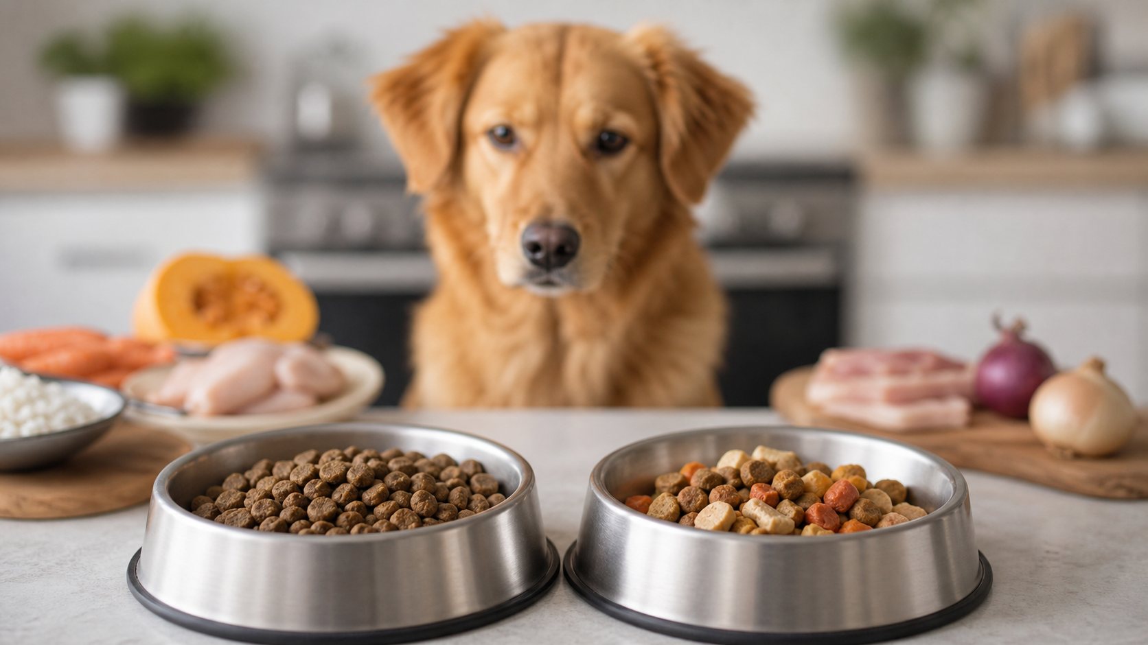Deux gamelles de croquettes comparées pour un chien à estomac sensible