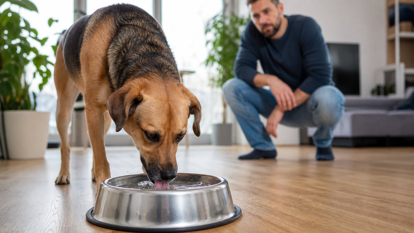 Hund trinkt Wasser aus einem Napf in einer hellen Wohnung
