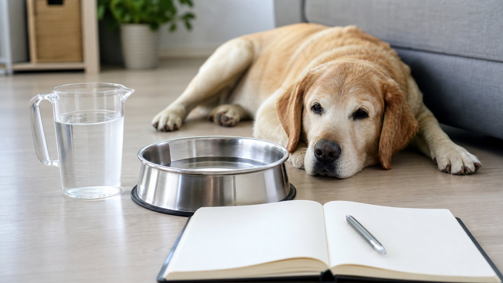 Wassernapf und Messbecher neben einem ruhenden Hund