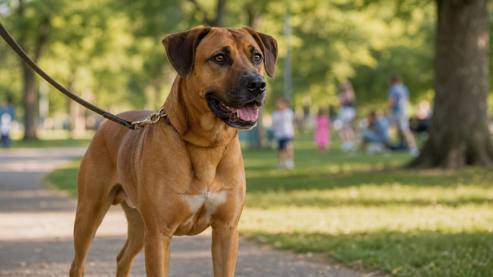 Chien croisé Boxer Labrador adulte dans un parc familial
