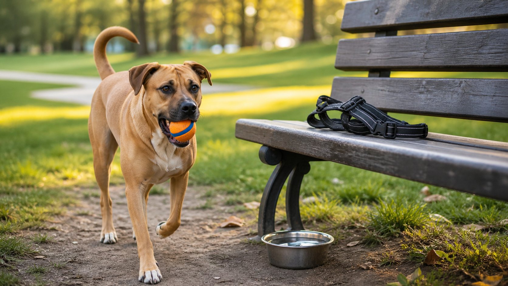 Chien type Boxer Labrador jouant calmement avec une balle dans un parc
