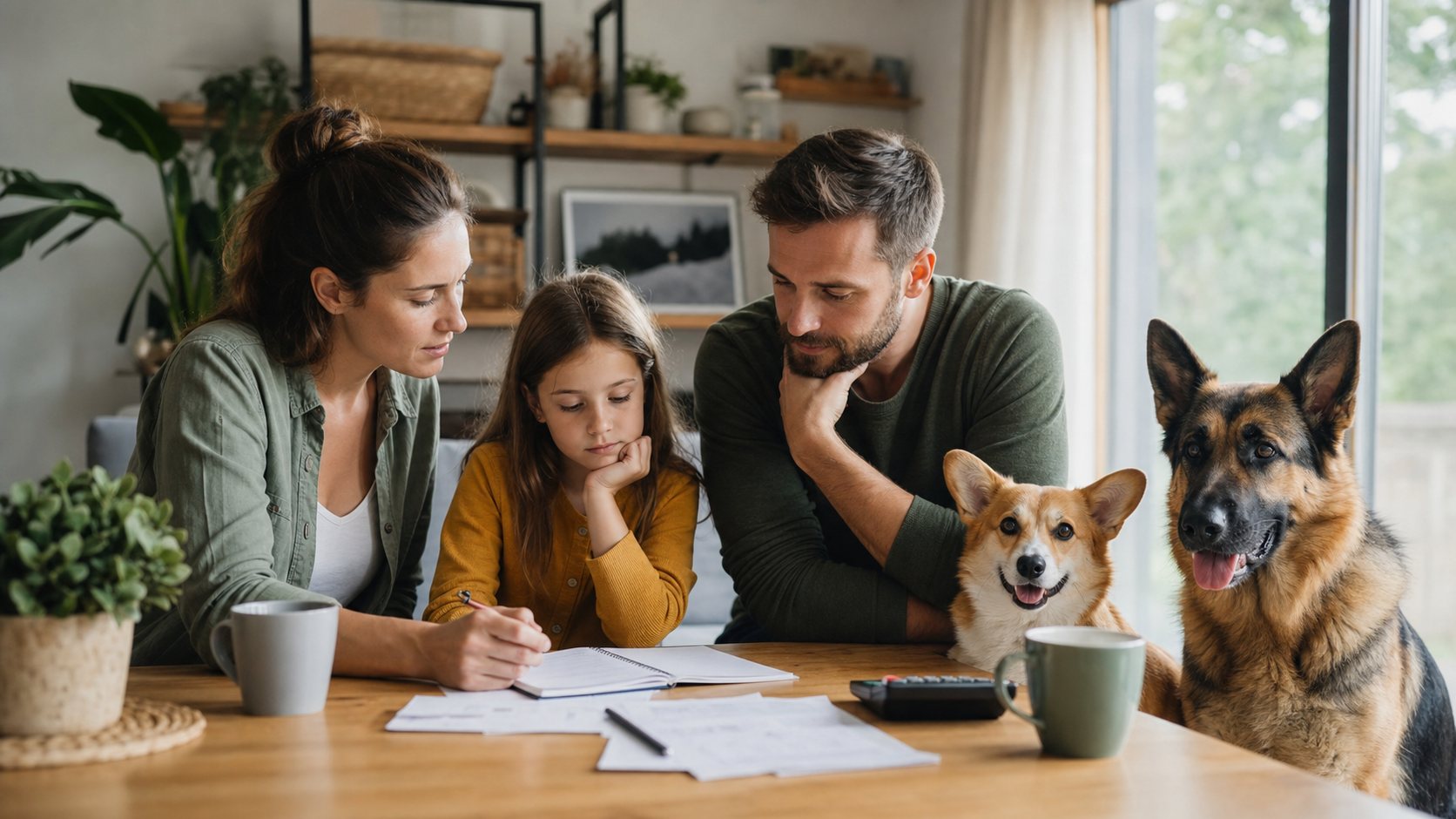 Corgi et Berger Allemand avec une famille préparant un budget adoption