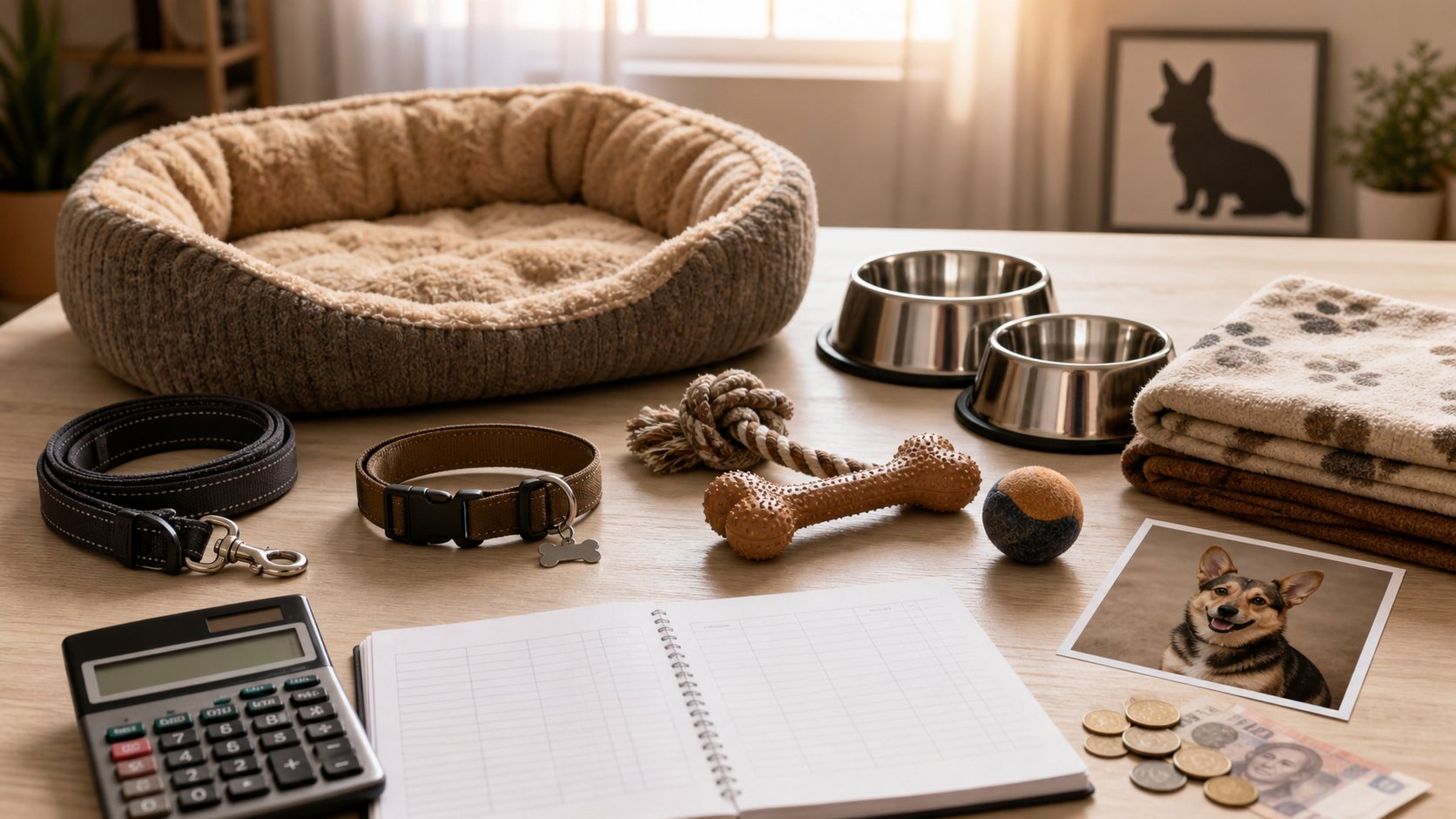 Accessoires de chien et calculatrice pour préparer le budget d’adoption