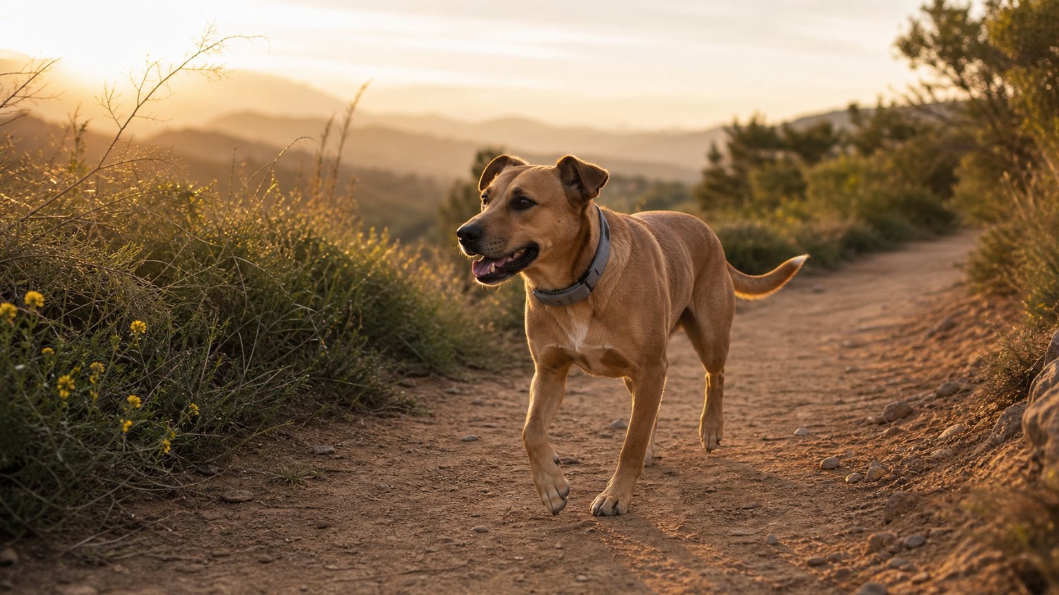 Perro caminando por un sendero con prevención frente a garrapatas